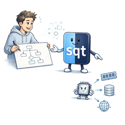 An illustration of a developer handing a flowchart to the saQut mascot, a smiling rounded-square character labeled "sqt", next to icons for memory, storage, and network.